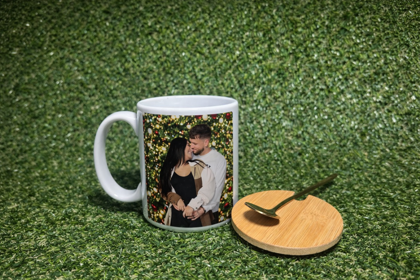 Taza Personalizada 15 oz con Foto + Tapa de Bambú y Cucharita | Regalo Único 🎁