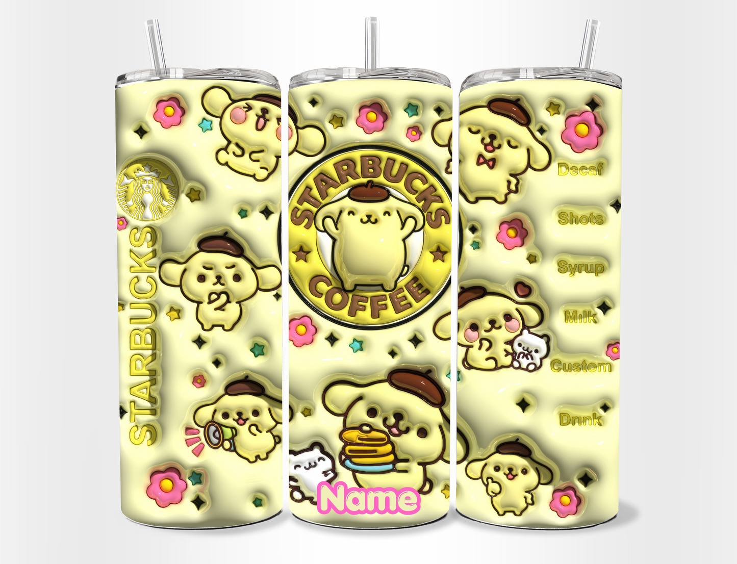 Tumbler 20 oz de Pompompurin con Popote y Limpiador 🍮💛