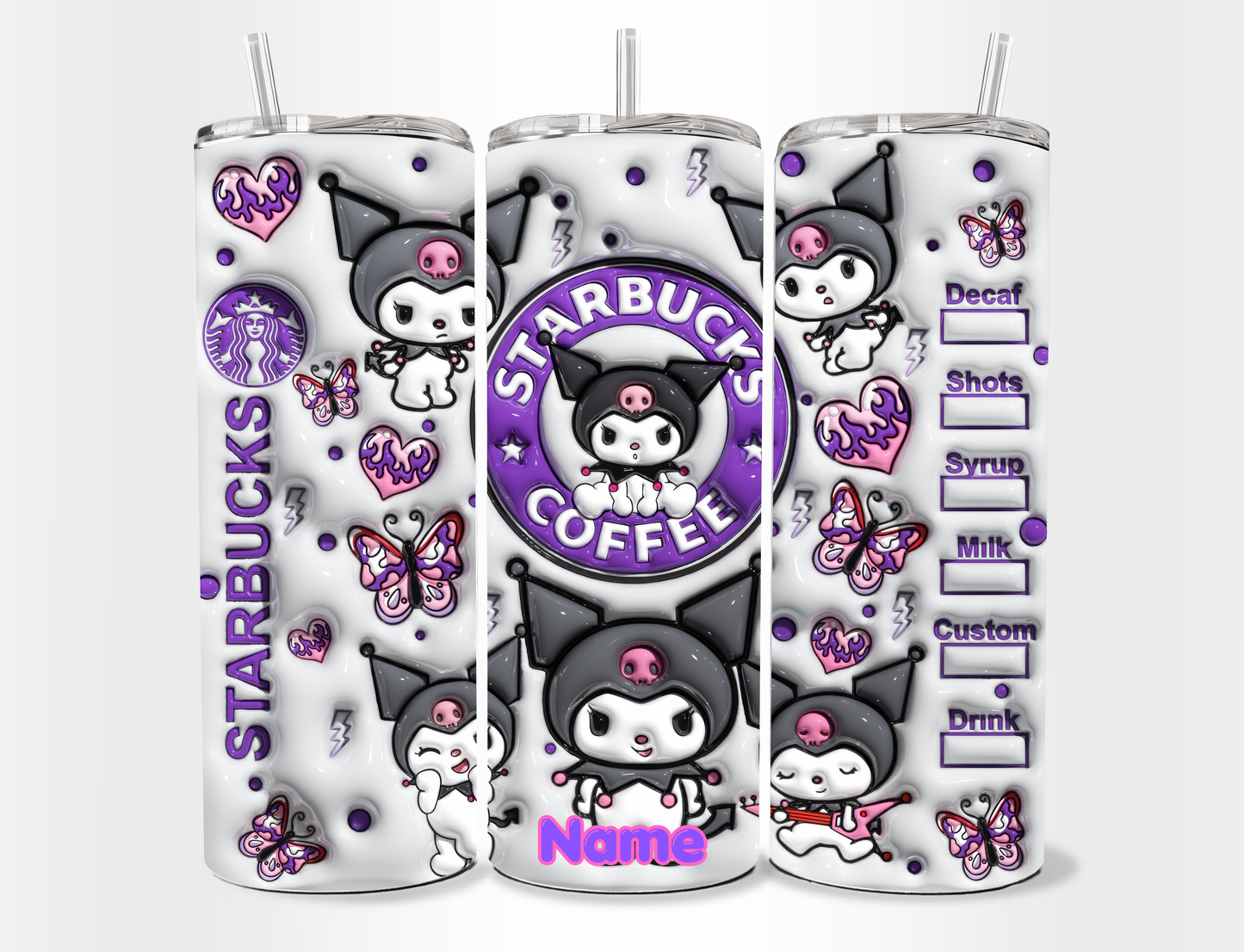 Tumbler 20 oz de Kuromi con Popote y Limpiador 🖤💜