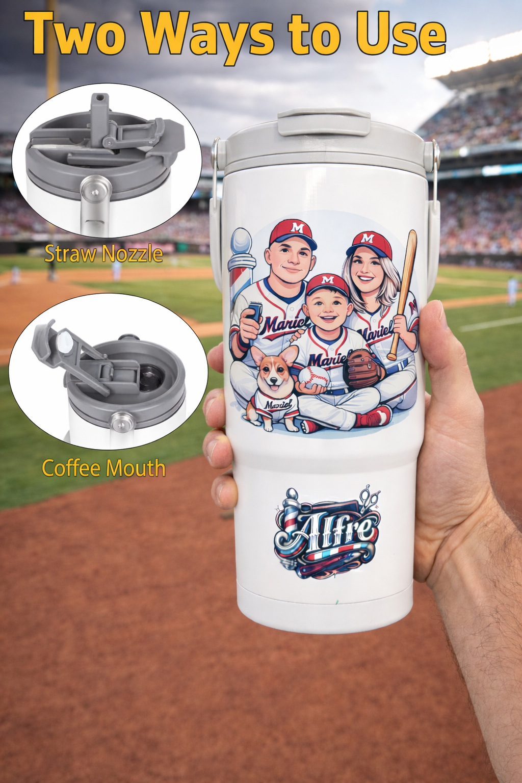 Tumbler Personalizado 30oz con Caricatura + Nombre ✨ (Con Asa y Tapa 2 en 1)