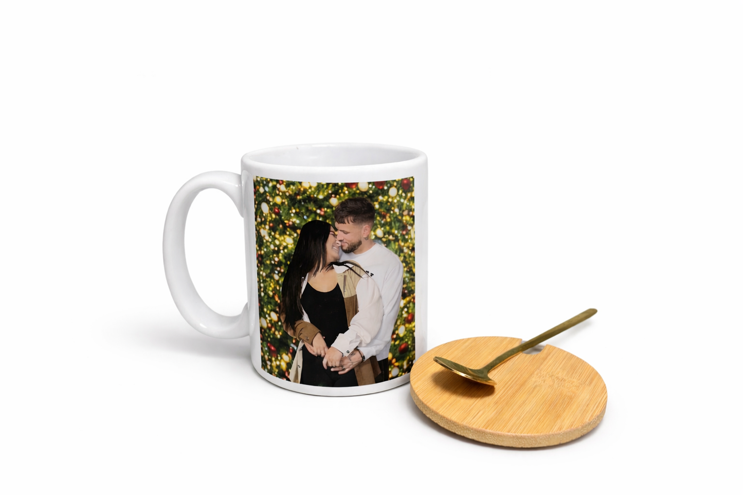 Taza Personalizada 15 oz con Foto + Tapa de Bambú y Cucharita | Regalo Único 🎁