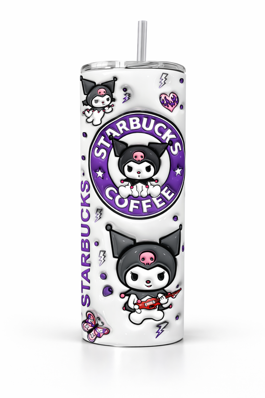 Tumbler 20 oz de Kuromi con Popote y Limpiador 🖤💜