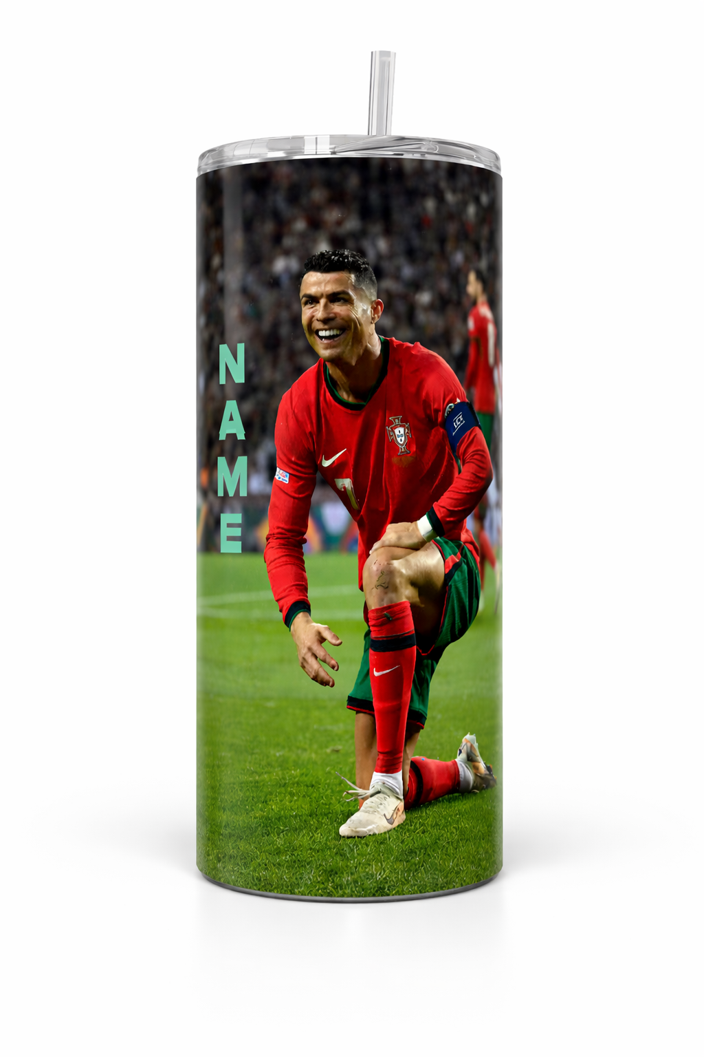 Tumbler Cristiano Ronaldo 20 oz | Termo Deportivo con Popote Metálico, Limpiador y Caja de Regalo ⚽
